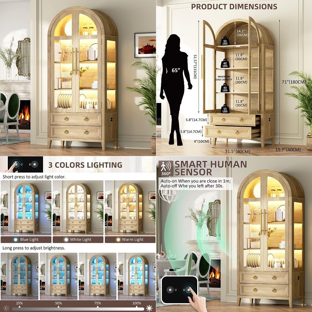 71 Arched Curio Cabinet with G - огляд і ціна Lighting & Home Decor Studio